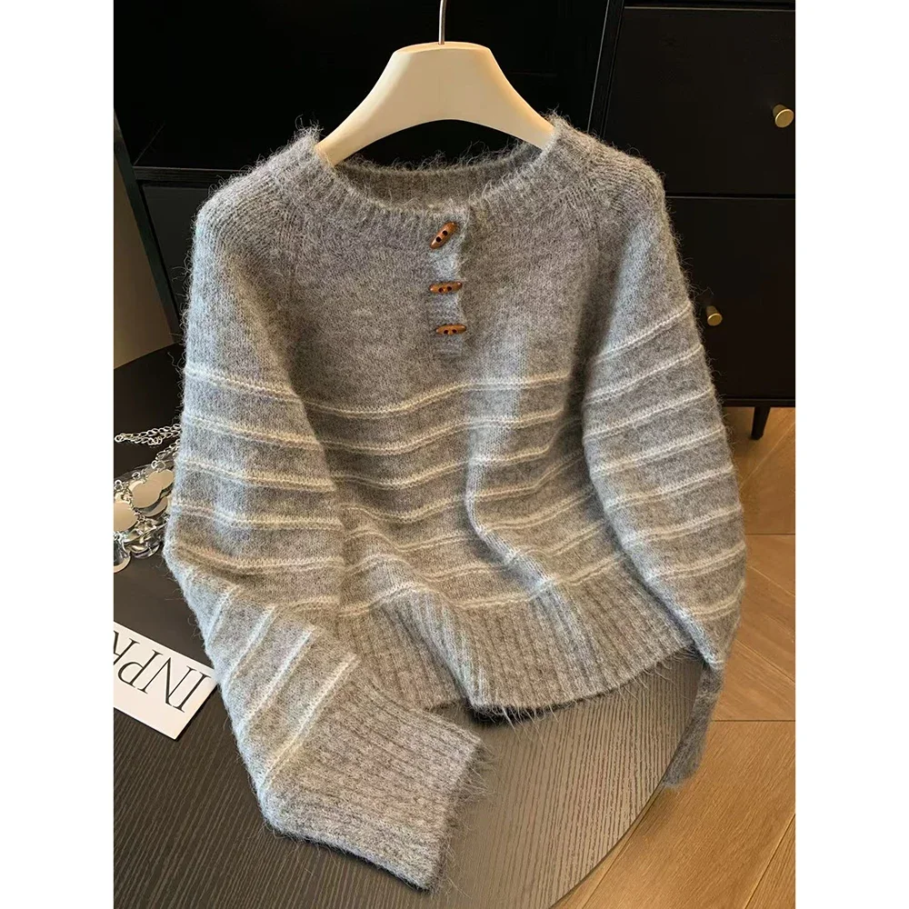 Shirts - Herbst Winter Damen Gestreifter Woll-Kaschmir-Pullover, Loser