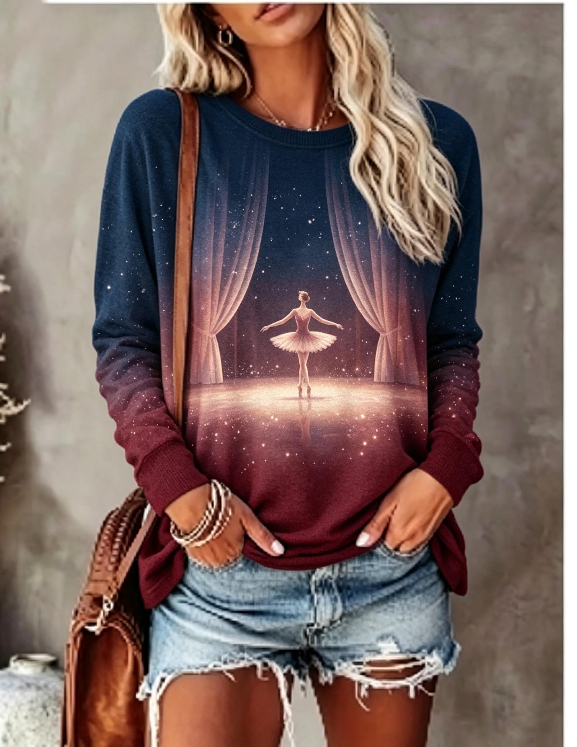 T-Shirts - Damen Langarm-T-Shirt mit Ballett-Tänzerin, Bühnenvorhang, Sternen-Glow-Gradient-Druck