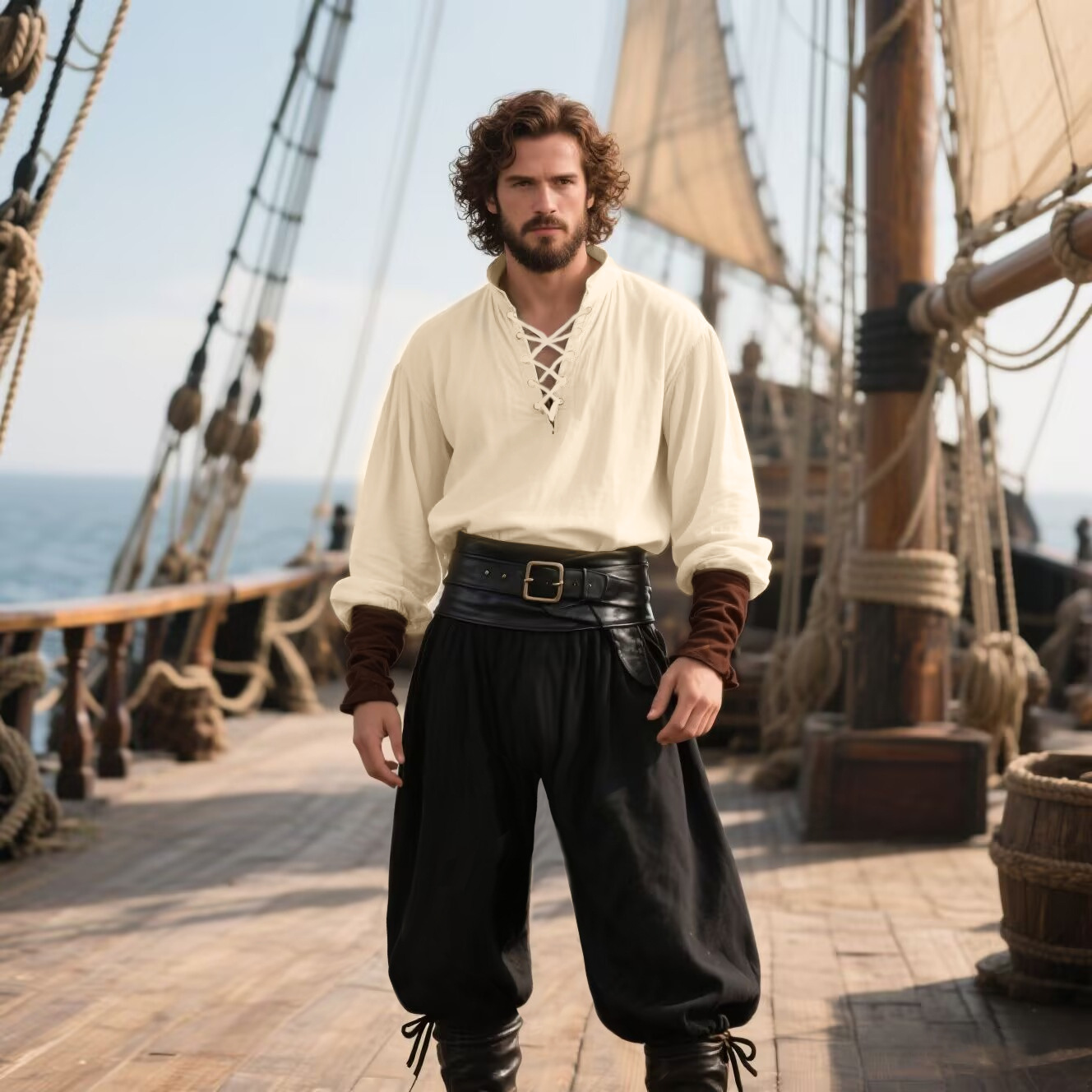 Medieval Gothic Lace Up Pirate Shirt - Halloween Piratenkostüm Herren Mittelalter Renaissance LARP